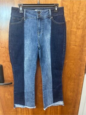 CAbi Hi Low Crop #6281 Color Block Blue Panel Cropped Jeans